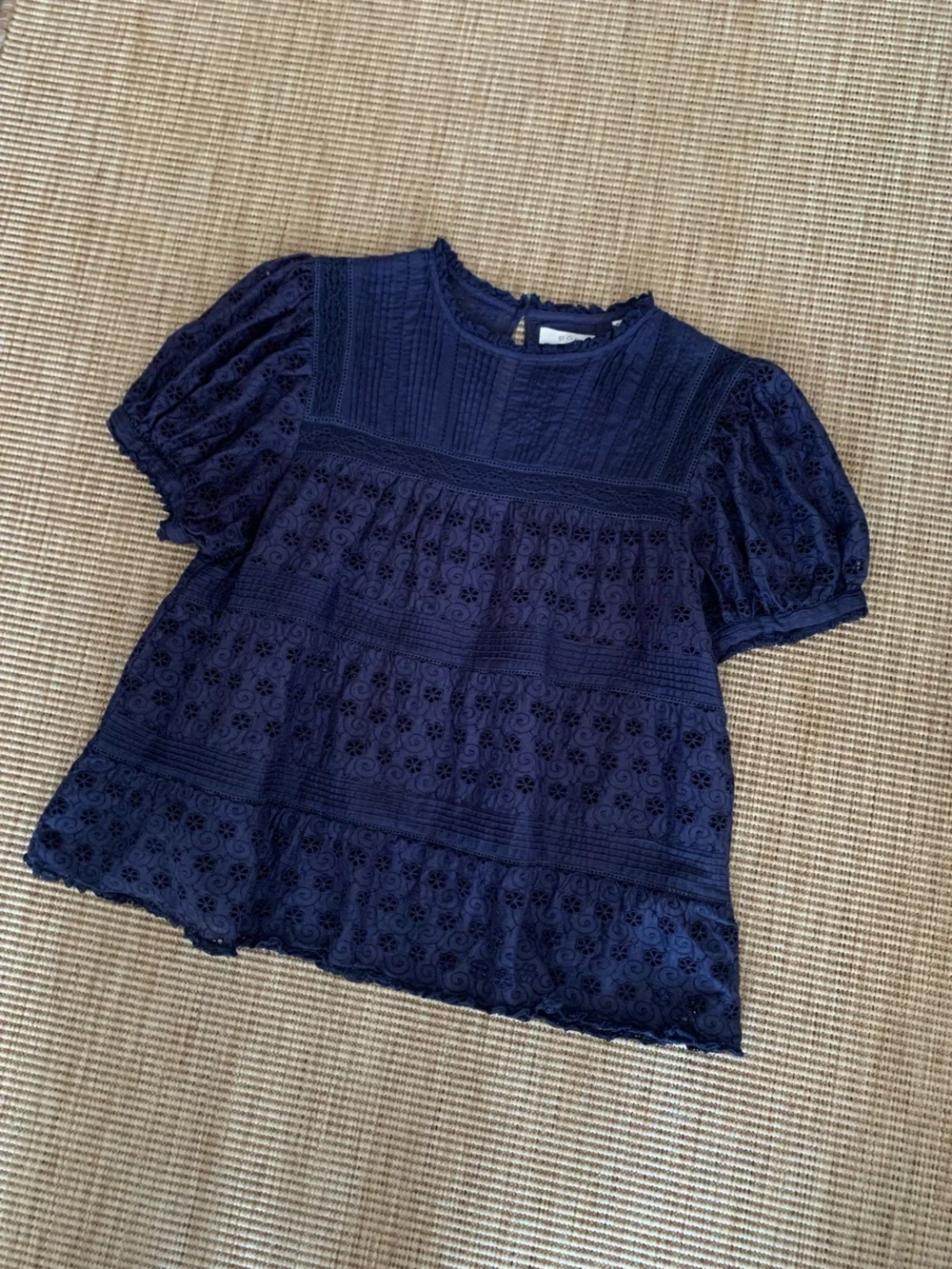Doen Adeline Eyelet Cotton Short Puff Sleeve Babydoll Top Adriatic Navy Blue